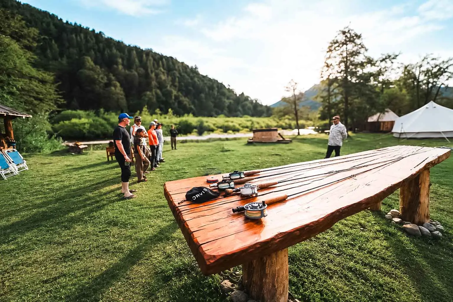 Emanuel Medina teaching fly fishing to local children of the Río Manso valley, a community project of Manso Waters Lodge near Bariloche, Patagonia